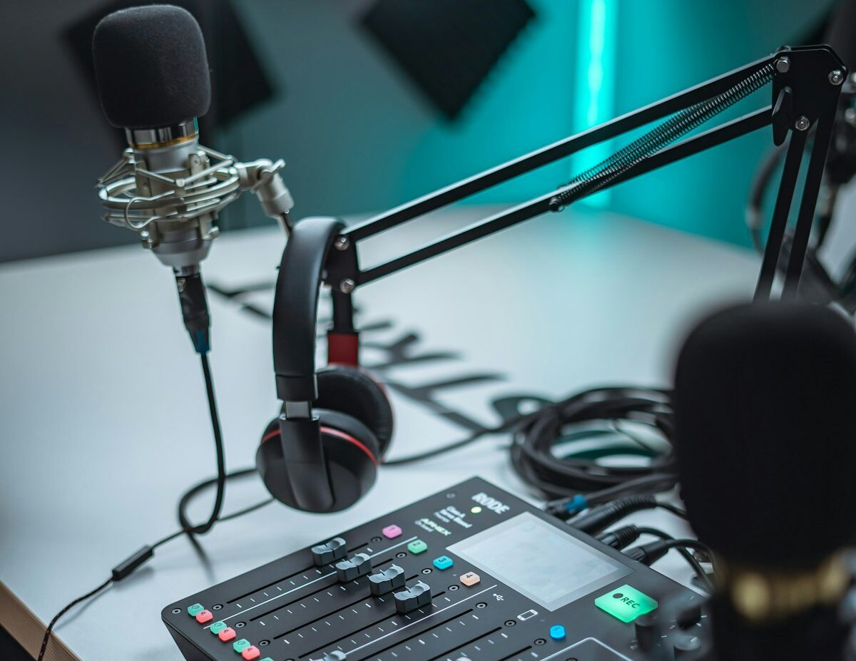 a microphone and sound mixer on a table